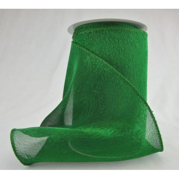 Ribbon Bazaar Wired Metallic Sheer Jacquard 3-1/2 inch Green (Green Edge) 10 yards Ribbon