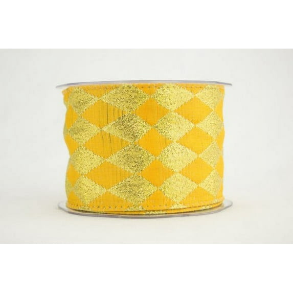 Ribbon Bazaar Wired Reversible Diamonds Pattern Ribbon 2-1/2 inch Gold 10 yards