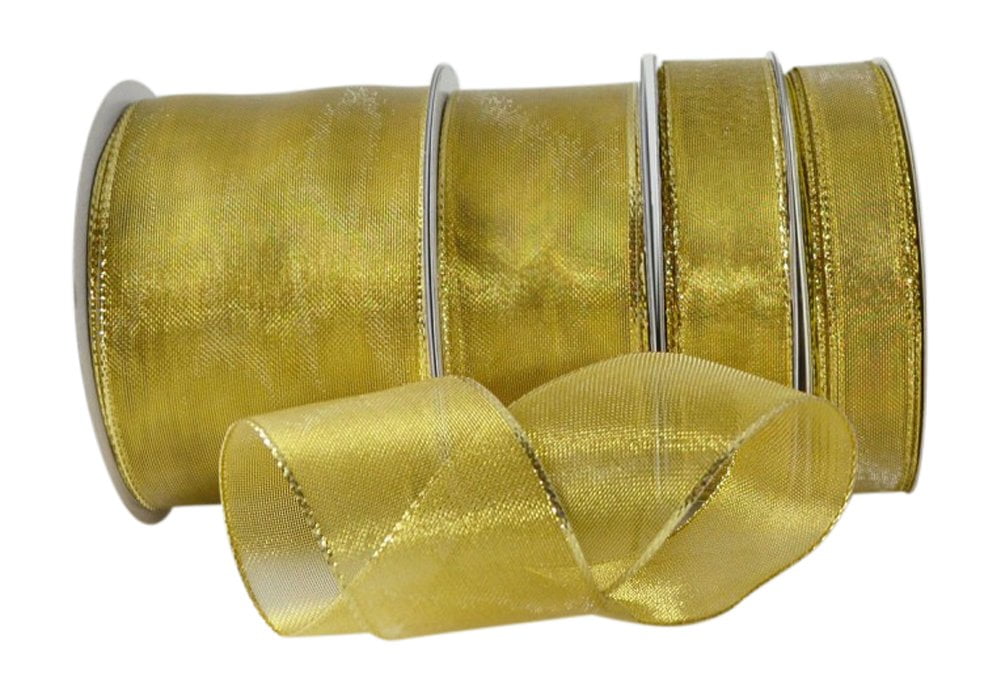 Ribbon Bazaar Wired Shimmering Metallic Sheer 1-1/2 inch Gold 25 yards Ribbon