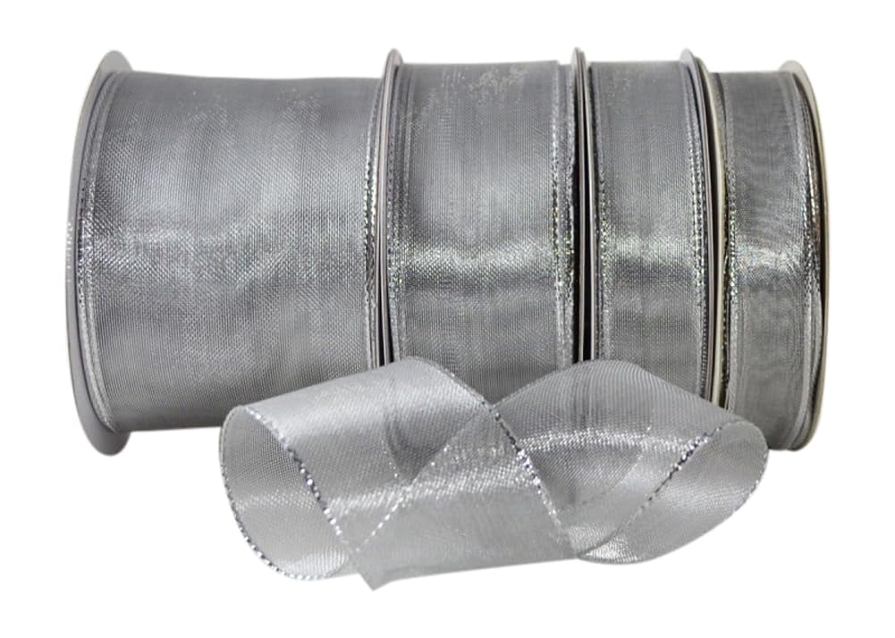 Ribbon Bazaar Wired Shimmering Metallic Sheer 1-1/2 inch Silver 25 yards Ribbon