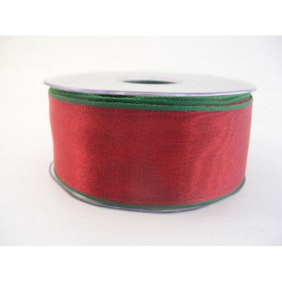 Ribbon Bazaar Wired Woven Edge Metallic Sheer 1-1/2 inch Red (Green Edge) 25 yards Ribbon