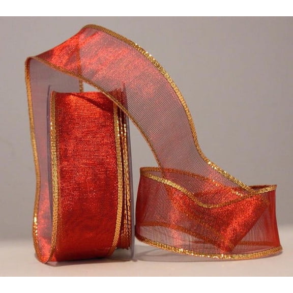 Ribbon Bazaar Wired Woven Shimmer Edge Metallic Sheer 1-1/2 inch Red 25 yards Ribbon