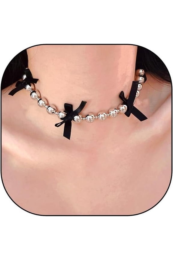 Ribbon Bow Ball Chain Choker Necklace,Y2k Black Bow Tie Round Beaded Collarbone Necklace for Women,Unique Trendy Jewelry Gift[x740]