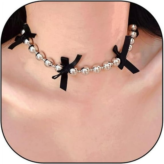 Ribbon Bow Ball Chain Choker Necklace,Y2k Black Bow Tie Round Beaded Collarbone Necklace for Women,Unique Trendy Jewelry Gift