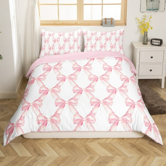 Ribbon Bow Bedding Set Teen Women,Pink Girly Bowknot Comforter Cover Twin Cute Fantasy Princess Duvet Cover Kawaii Bow Tie Bedspread Cover Zipper 1 Pillow Case(No Comforter)