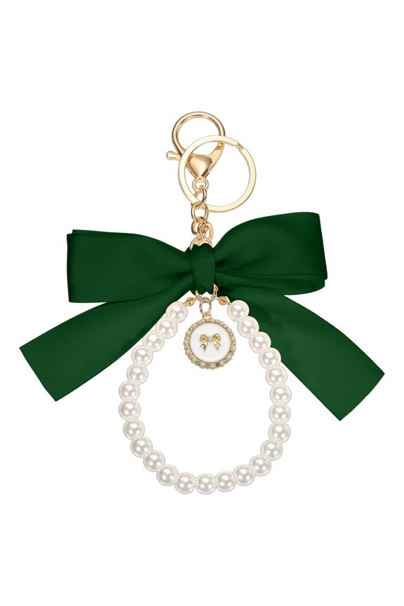 Ribbon Bow Keychain, Cute Pearl Wristlet Keychain, Bag Accessories Bow Charm, Green