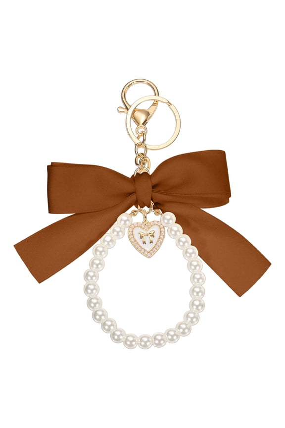 Ribbon Bow Keychain, Cute Pearl Wristlet Keychain, Bag Accessories Bow Charm Heart Pendant, Bronze Gold