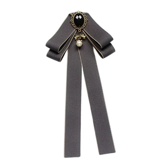 Ribbon Bow Tie Brooch Pre Tied Ties Bead Decorative Bowties Ribbon Brooches Neck Tie Bowknot Brooch Pin for Lady Daily Use Graduation Blouse Gray