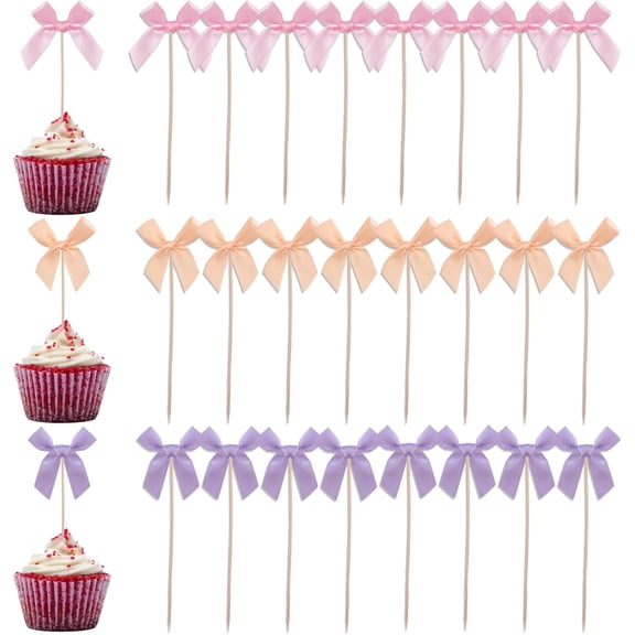 Ribbon Bowknot Cupcake Toppers,24pcs Bow Cake Picks Party Decorations for Birthday Wedding Christmas