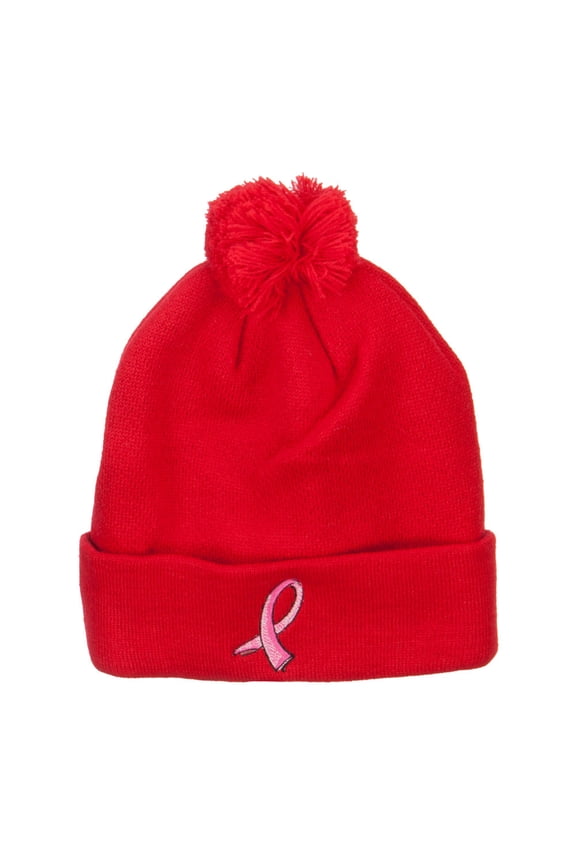 Ribbon Breast Cancer Embroidered Pom Beanie - Red OSFM