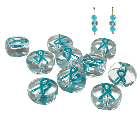Ribbon Cancer Glass Beads for Jewelry Making, Ovarian Prostate Awareness, Turquoise, 10mm, 10 pcs