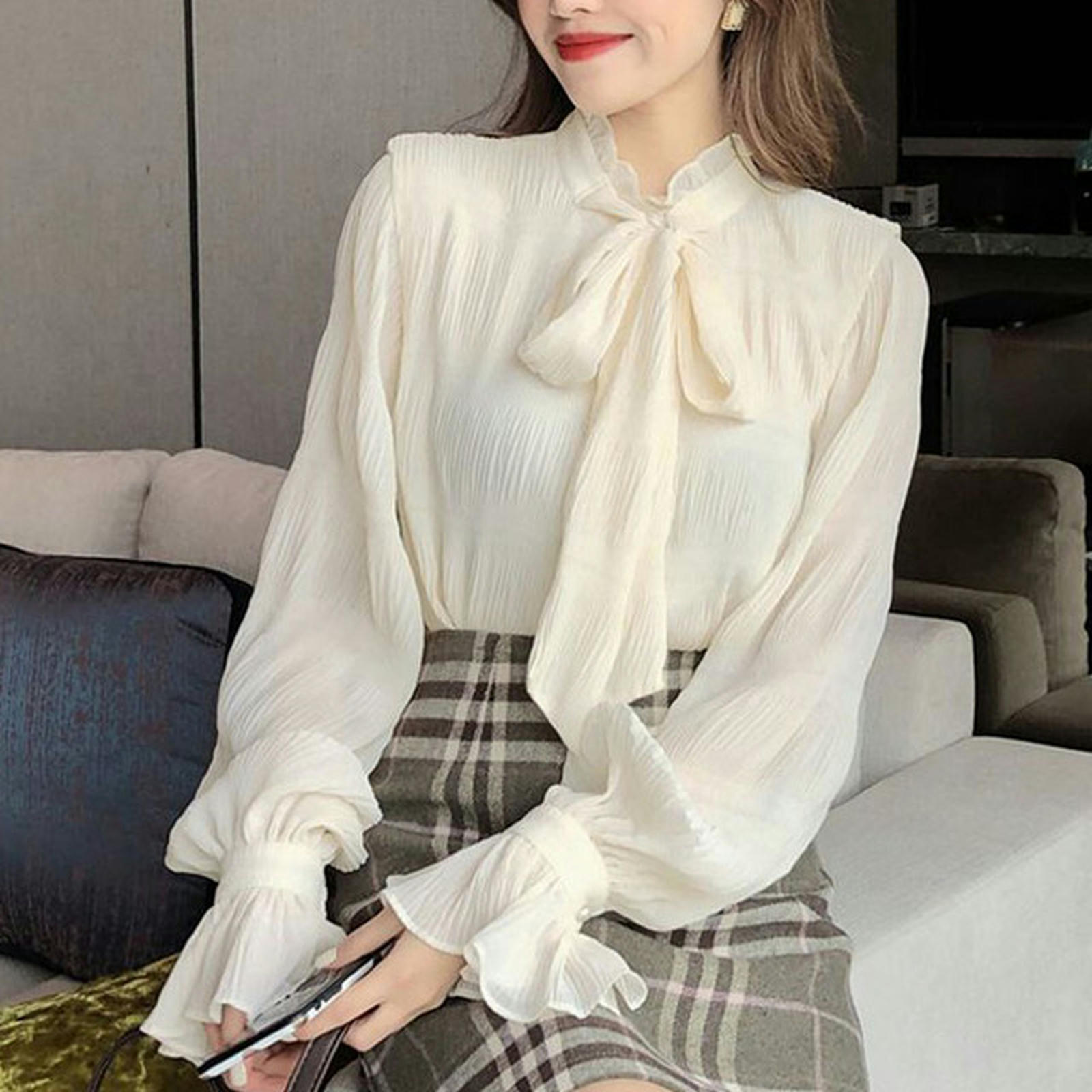 Ribbon Chiffon Blouse Women Korean Style Oversized Shirt Flare 