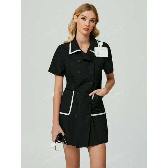 Ribbon Design Double-Breasted Collar & Pocket Elastic Waist Casual Or Professional Commute Elegant Women Pocket Lab Coat Surgical Gown Nurse Clinic Dental Doctor Beauty Salon
