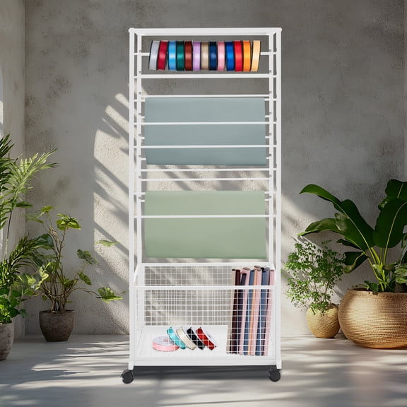 Ribbon Display Holder with 16 Adjustable Tiers, 110.23lbs Load Capacity & Bottom Storage Basket, Space-Saving Design for Gift Wrapping Stations & Craft Stores
