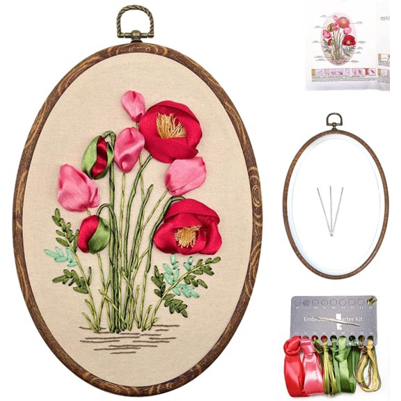 Ribbon Embroidery 3D Flowers Pattern Design Kit Embroidery DIY Handwork Set Oval Home Decoration (Red Rose)