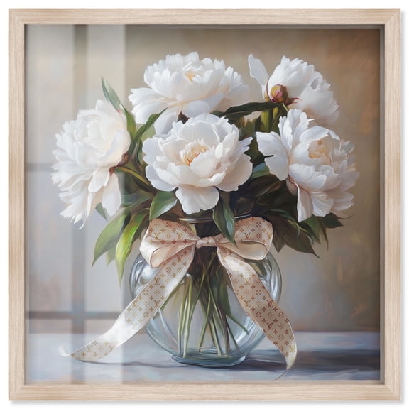 Ribbon Floral Vase Shadowbox Print Fashion Floral Art by Art Remedy, Blonde Frame, 12 x 12