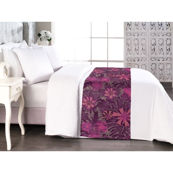 Ribbon Flowers Bed Runner, Purplish Art of Tropical Floral Pattern with Neutral Colors, Decorative Accent Bedding Scarf for Hotels Homes & Guest Rooms, King, Magenta Dried Rose Coral, by Ambesonne