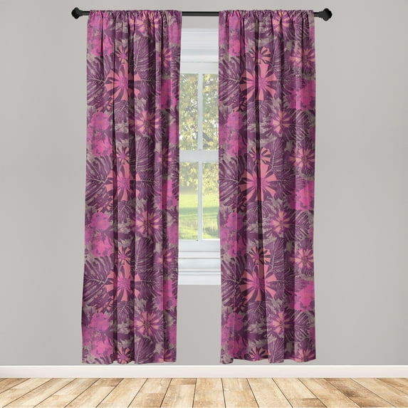 Ribbon Flowers Window Curtains, Purplish Art of Tropical Floral Pattern with Neutral Colors, Lightweight Decor 2-Panel Set with Rod Pocket, Pair of - 28"x84", Magenta Dried Rose Coral, by Ambesonne