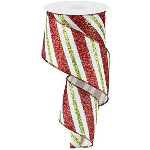 Diagonal Glitter Stripe Wired Edge Ribbon - 2.5" x 10 Yards White, Red, Lime