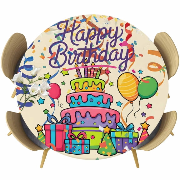 Ribbon Happy Birthday Round Tablecloth, Fitted Table Cover with Elastic for 36"-44" Round Tables, Cute Cake Balloon Colorful Table Cloth Outdoor Indoor Dinning Party Waterproof Tablecloths