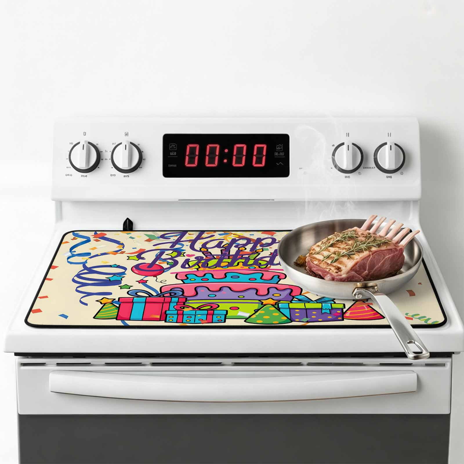 Ribbon Happy Birthday Stove Top Cover for Electric Stove, Heat-proof & Non Slip Glass Top Stove Cover Protector, Cute Cake Balloon Colorful Kitchen Flat Cooktop Rubber Mat 24x21 Inches