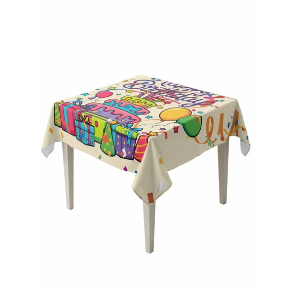 Ribbon Happy Birthday Table Cloth, Waterproof Tablecloth for Square Tables, Cute Cake Balloon Colorful Reusable Washable Fabric Table Cover for Restaurant Kitchen Dining Tables 54"x54"