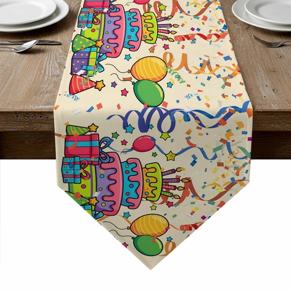 Ribbon Happy Birthday Table Runner Linen Burlap Table Runner 36 Inches Small Cute Cake Balloon Colorful Dresser Scarves for Kitchen Island Coffee Dining Room Party Wedding Holiday Decoration 13"x36"