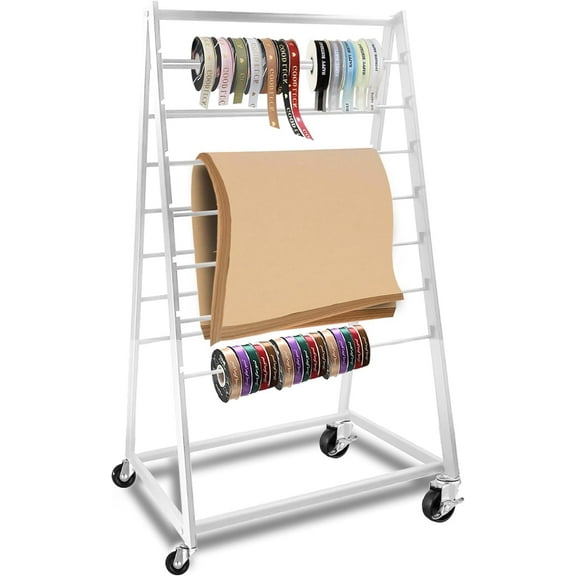 Ribbon Holder Organizer Rack, 15 Tier Double-Sided Metal Ribbon Organizer Freestanding Movable Ribbon Storage, Large Capacity Ribbon Organizer for Craft Room, Cake Shop, Flower Store - White