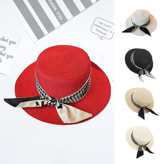 Ribbon Lace-up Decor Flat Dome Sun Hat Women Wide Brim Sunscreen Straw Hat Fashion Accessories