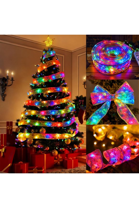 Ribbon Lights String LED Christmas Tree Decoration Lights Holiday Mood Sense Colorful Lights Double Layer Hot Gold Satin Ribbon Copper Wires Lights