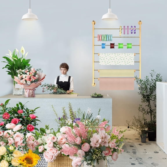 Ribbon Organizer, 7 Tier Wall Mounted Metal Holder ,Holiday/Birthday Gift Wrapping Organizer Storage Ribbon Storage Rack for Craft Cake Shop Flower Store,Tie Scarf Rack Belt Towel Holder(Gold)