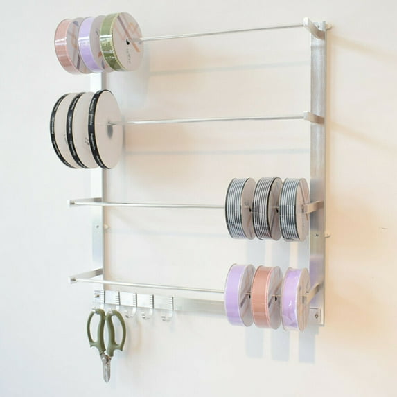 Ribbon Organizer Aluminum Alloy Ribbon Holder Organizer Rack 4 Tier Ribbon Storage Organizer with 5 Hooks for Crafts Silver