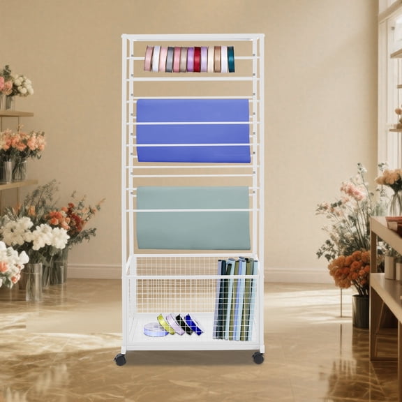 Ribbon Organizer Rack 16 Tier, Double-Sided Rolling Storage Tower with Adjustable Rods & Lockable Wheels, Heavy-Duty Metal Craft Cart for Wrapping Paper, Scarf, Towel Display