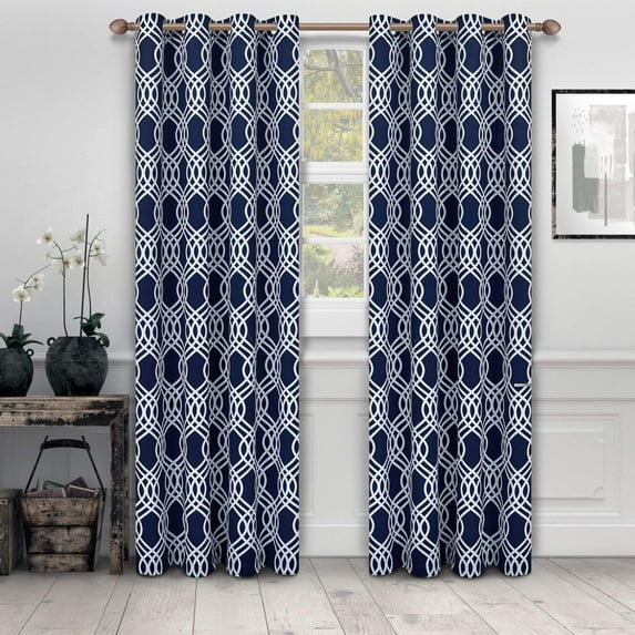 Ribbon Room Darkening Noise Reducing Thermal Blackout Curtain Set Navy Blue / 52"x63"