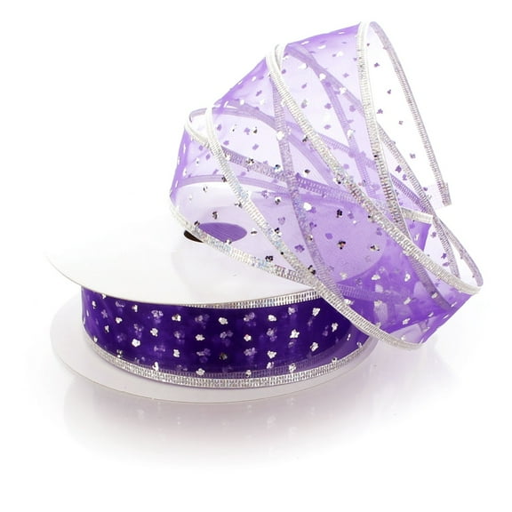 Ribbon Traditions 1 1/2" Wired Ribbon Metallic Banded Edge Sheer Glitter Dots Purple/Silver 10 Yards