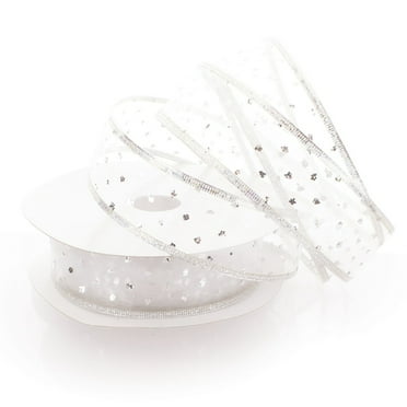 Ribbon Traditions 1 1/2" Wired Ribbon Metallic Banded Edge Sheer Glitter Dots White/Silver 25 Yards