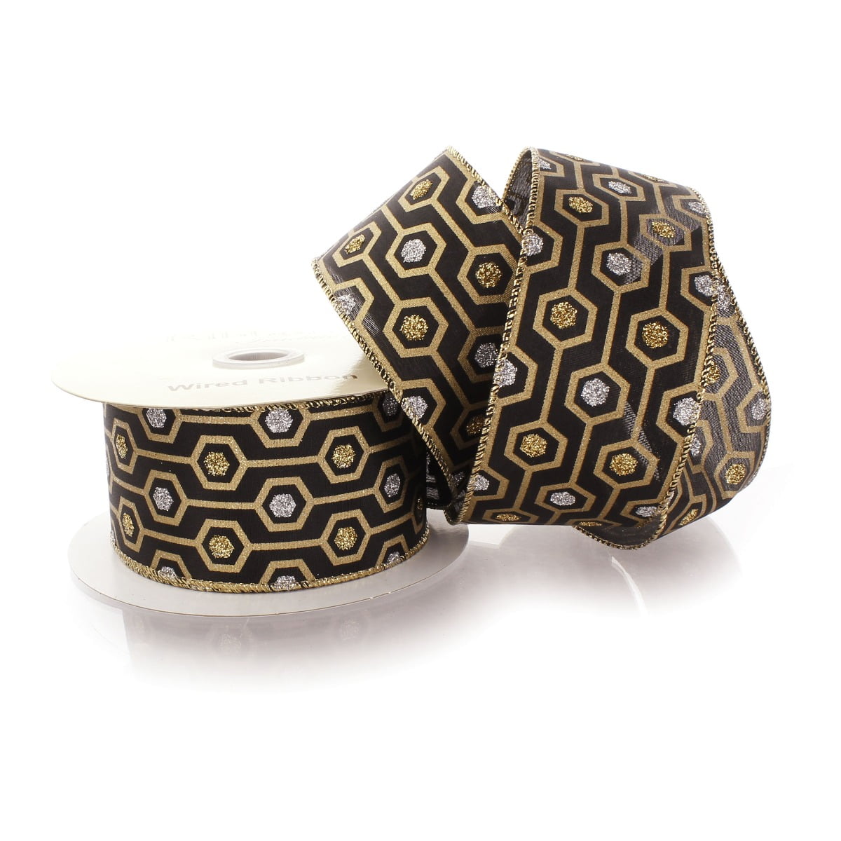 Ribbon Traditions 2 1/2" Wired Ribbon Black/Gold Glitter Hex - 25 Yards