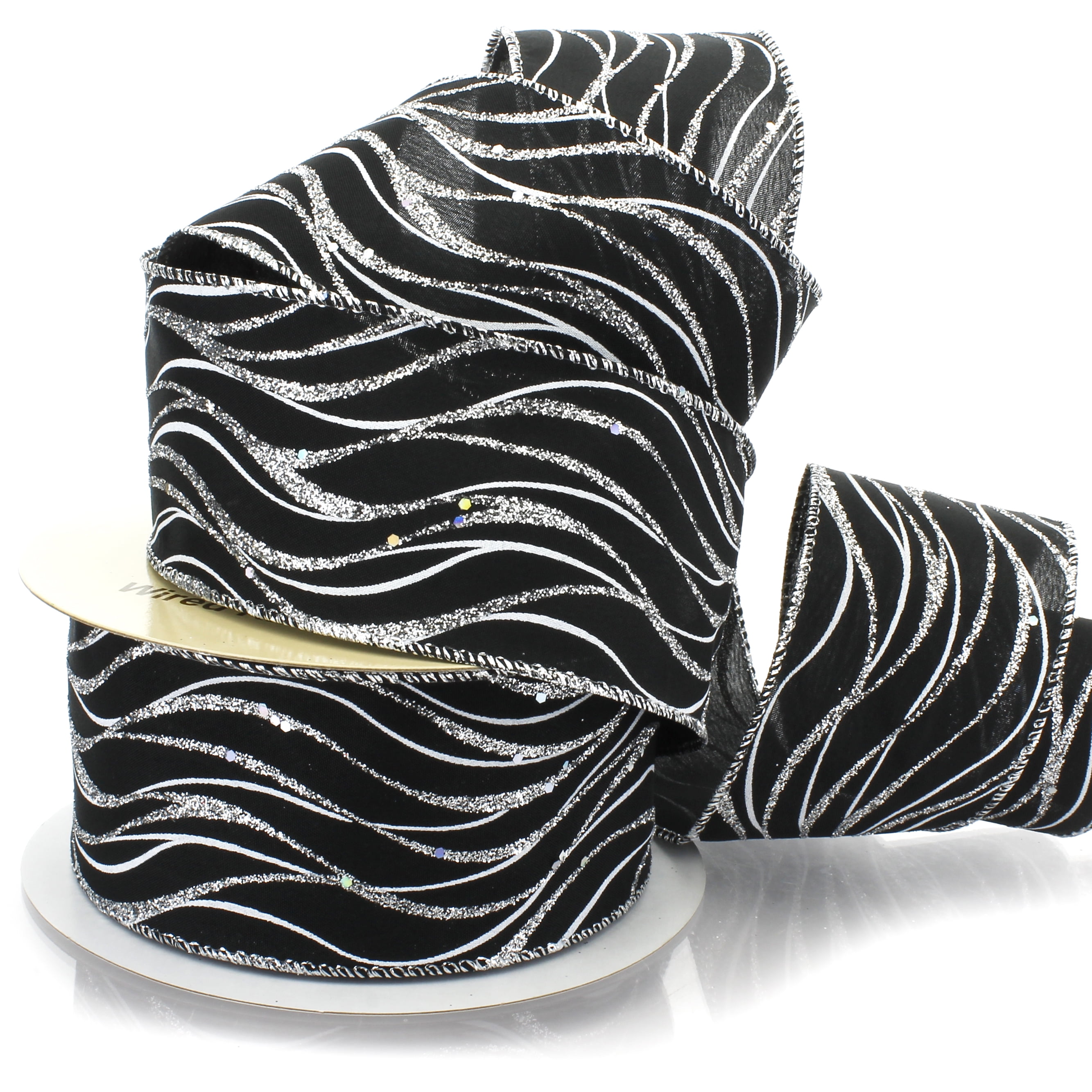 Ribbon Traditions 2 1/2" Wired Ribbon Black - Silver Glitter Wave - 25 Yards