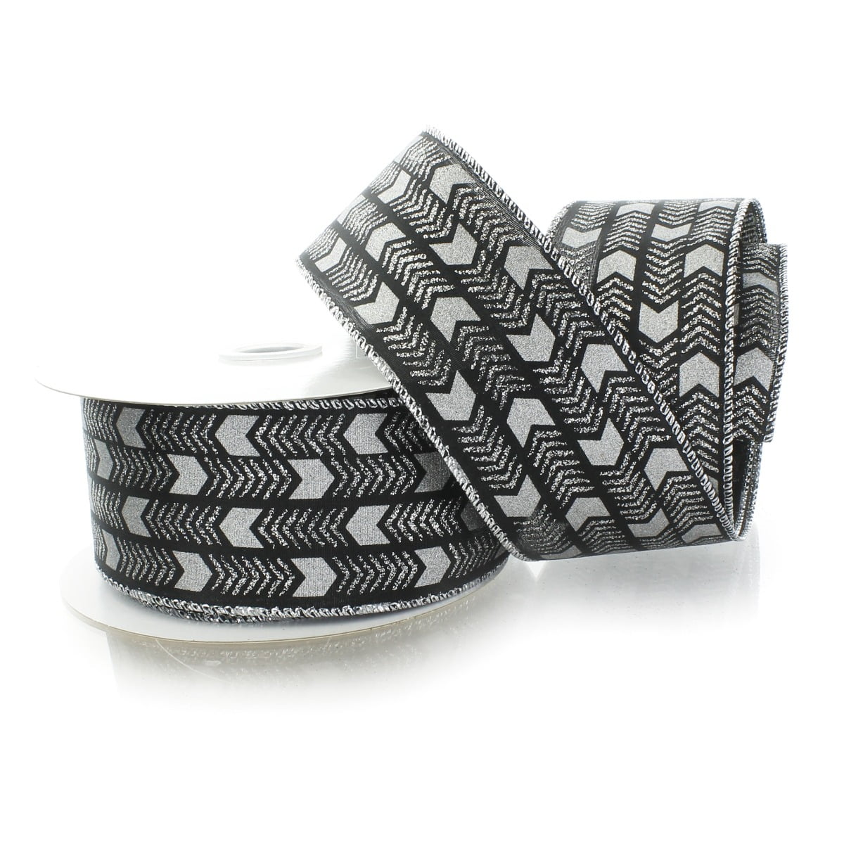 Ribbon Traditions 2 1/2" Wired Ribbon Black w/ Silver Glitter Arrows - 10 Yards
