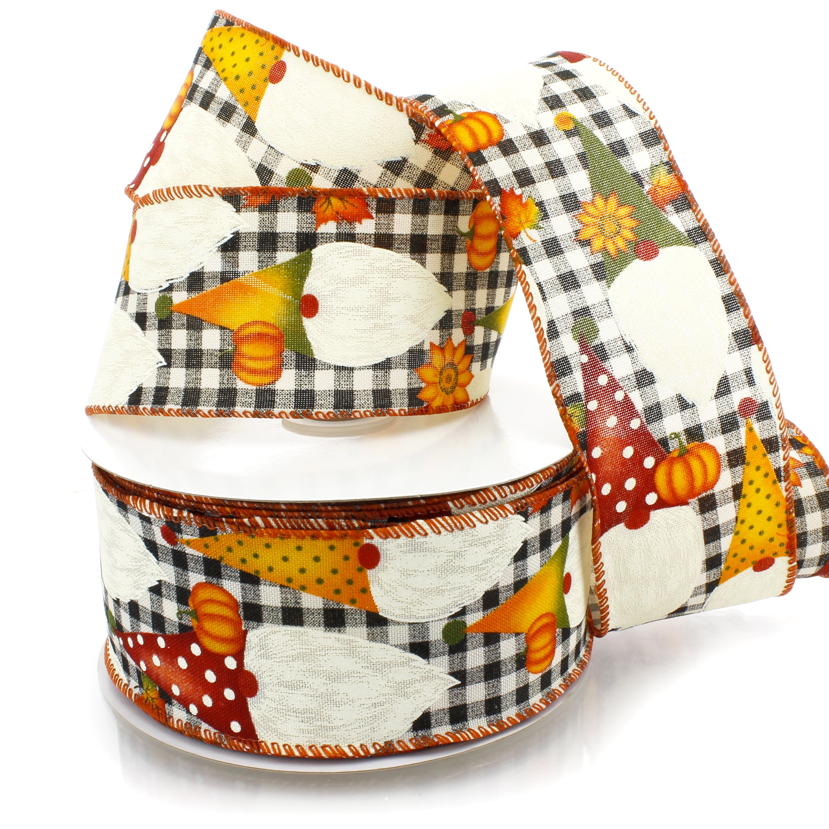 Ribbon Traditions 2 1/2" Wired Ribbon Buffalo Plaid Fall Gnomes 10 Yards