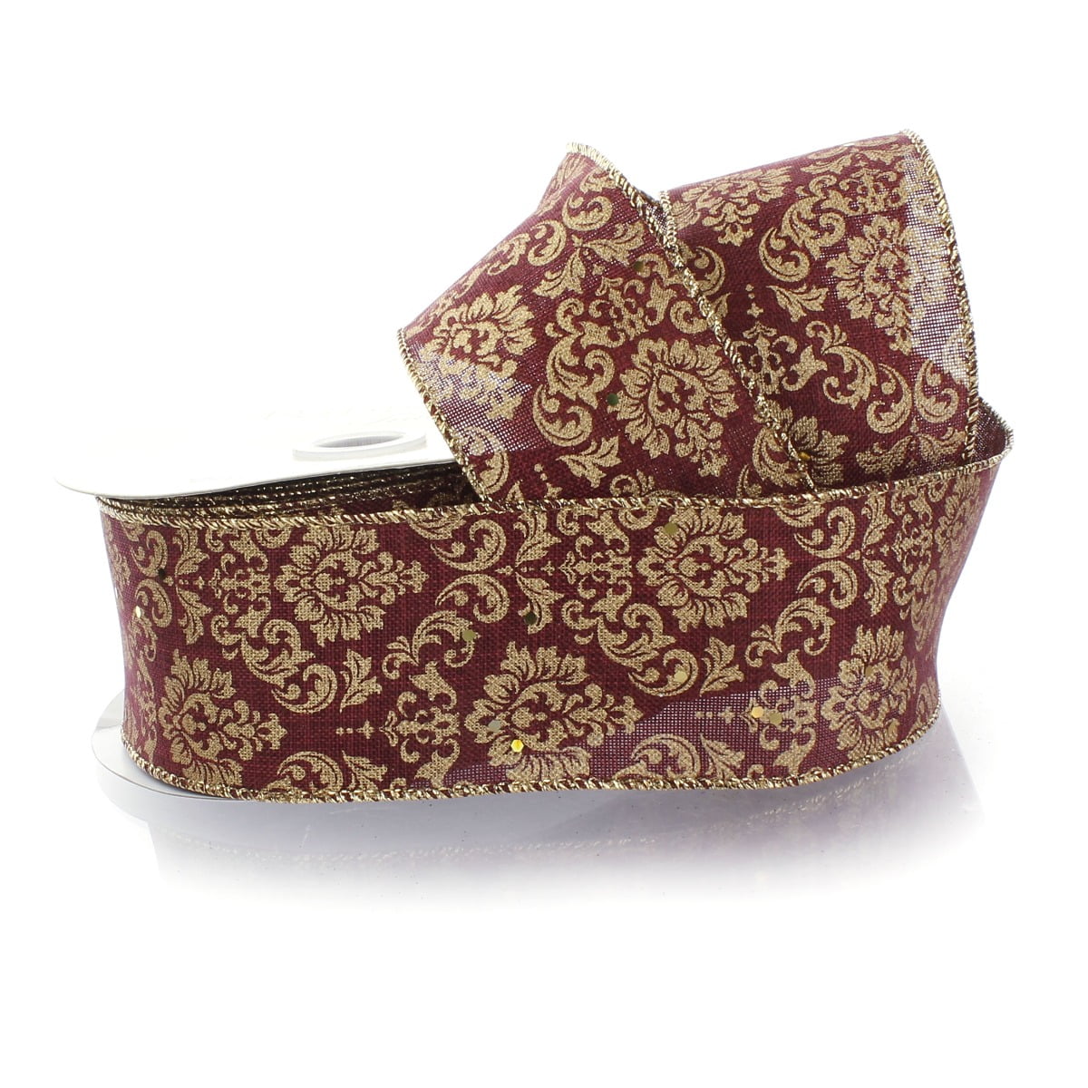 Ribbon Traditions 2 1/2" Wired Ribbon Burgundy / Gold Damask - 10 Yards