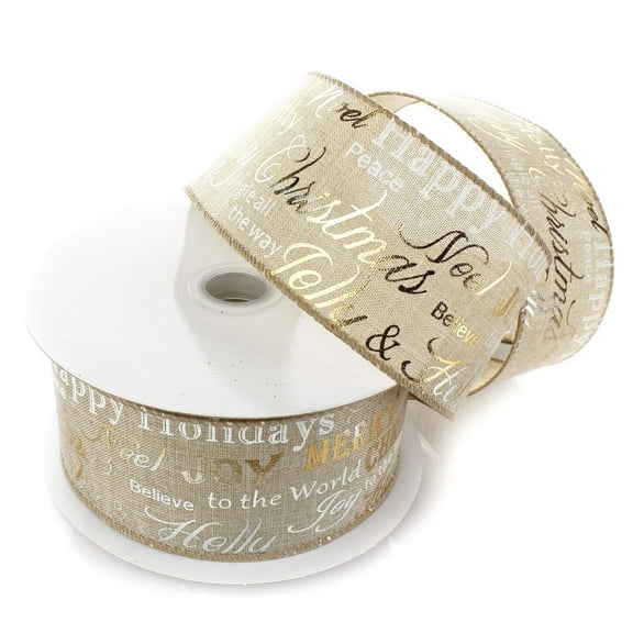 Ribbon Traditions 2 1/2" Wired Ribbon Christmas Glimmer Text Natural - 10 Yards