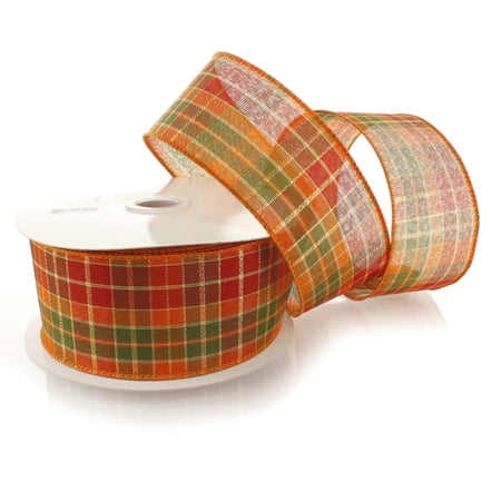 Ribbon Traditions 2 1/2" Wired Ribbon Fall Traditional Plaid Orange / Green 10 Yards