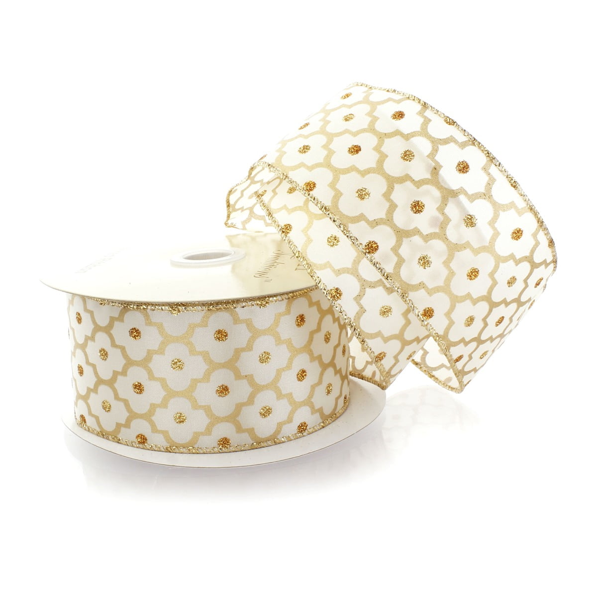 Ribbon Traditions 2 1/2" Wired Ribbon Gold Glitter Quatrefoil - 25 Yards