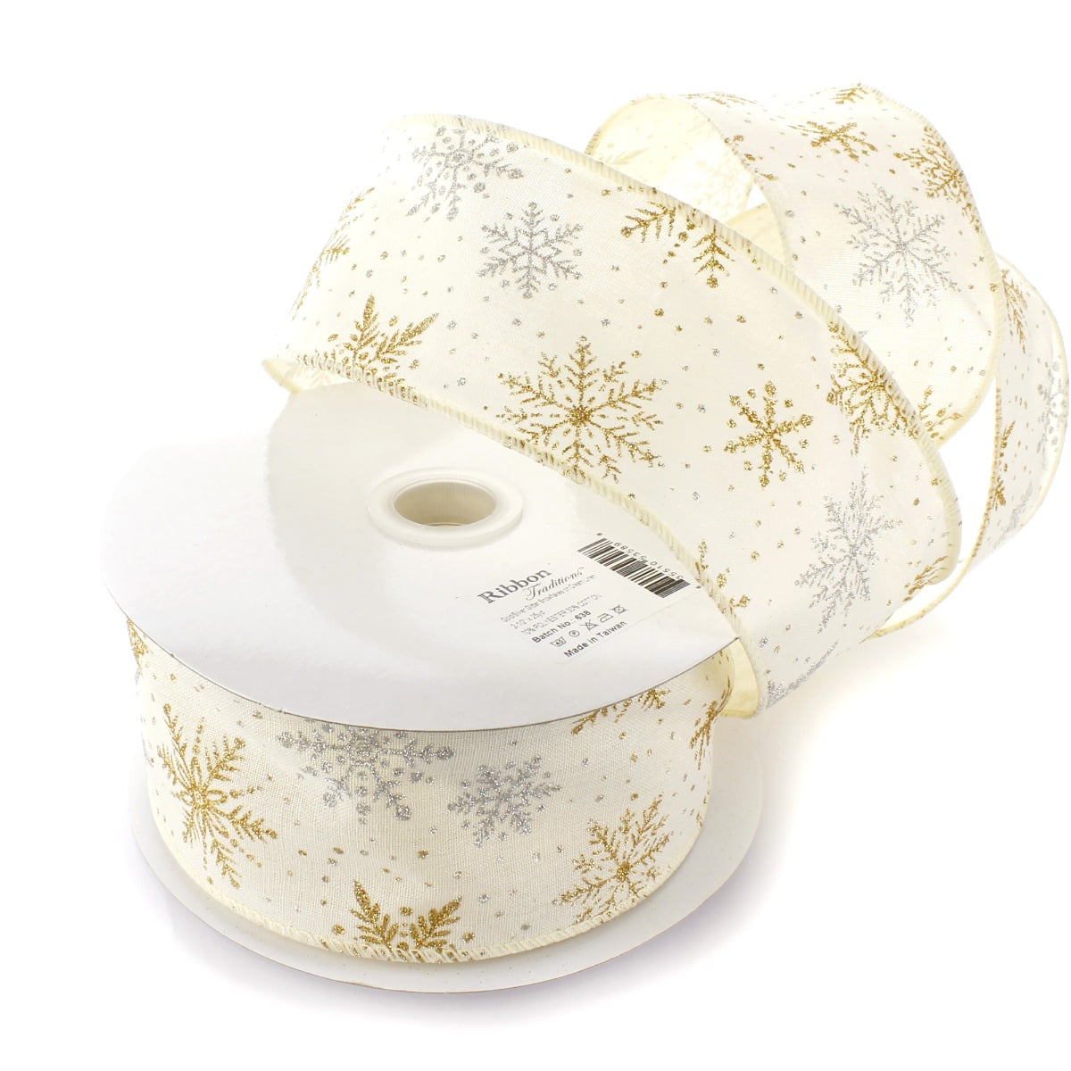 Ribbon Traditions 2 1/2" Wired Ribbon Gold / Silver Glitter Snowflakes Cream - 25 Yards