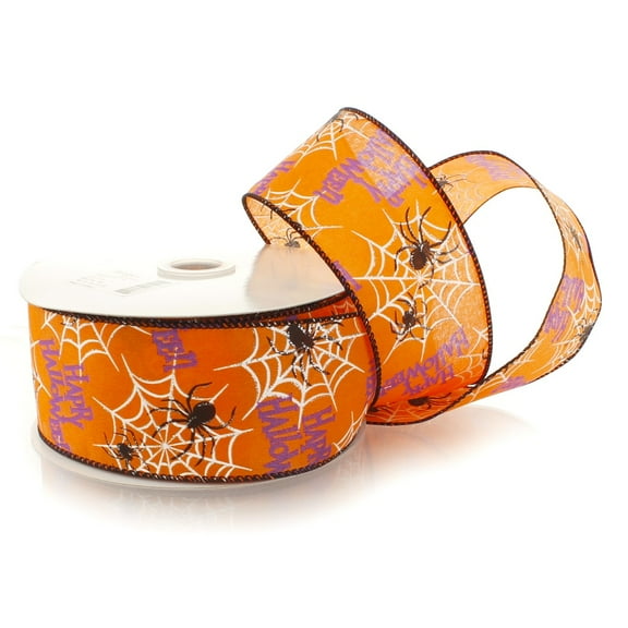 Ribbon Traditions 2 1/2" Wired Ribbon Happy Halloween Spider on Orange 10 Yards