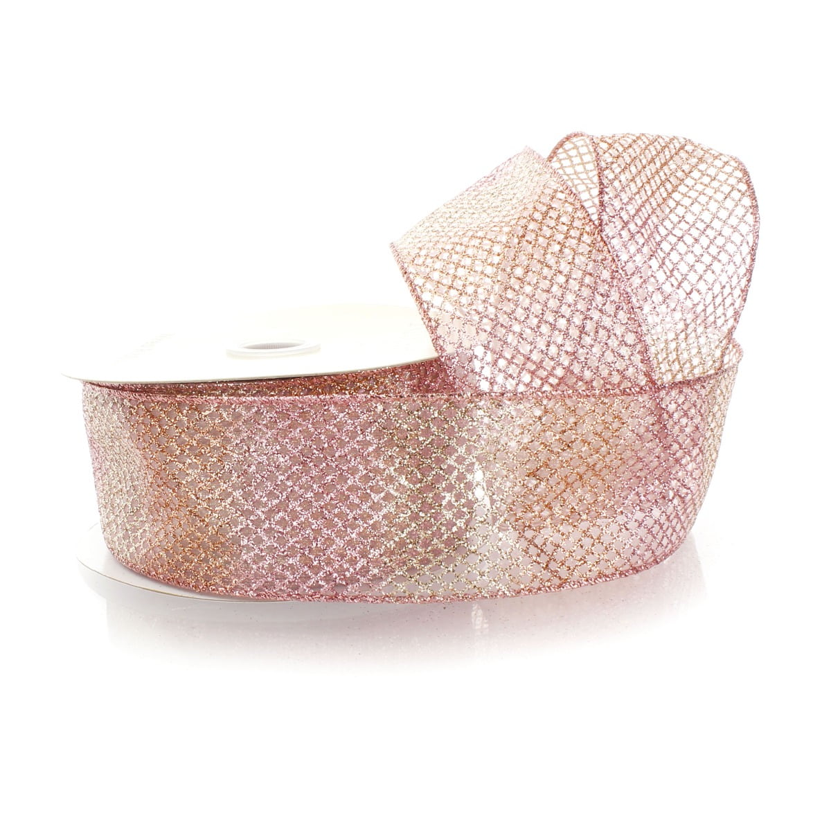 Ribbon Traditions 2 1/2" Wired Ribbon Sheer Ombre Glitter Diamond Mesh - Rose Gold - 25yds