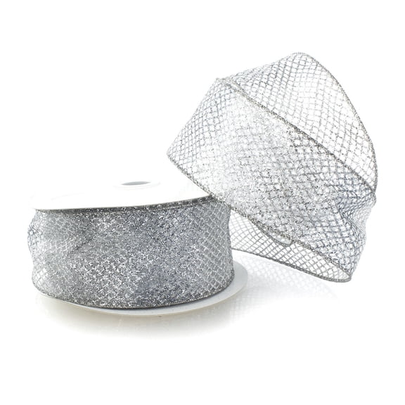 Ribbon Traditions 2 1/2" Wired Ribbon Sheer Ombre Glitter Diamond Mesh - Silver - 10yds