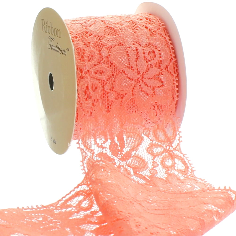 Ribbon Traditions 2.25" Stretch Elastic Lace Trim Light Coral 5 Yards