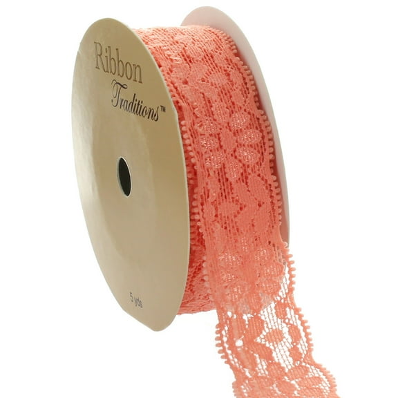 Ribbon Traditions 7/8" Stretch Elastic Lace Trim Light Coral 5 Yards
